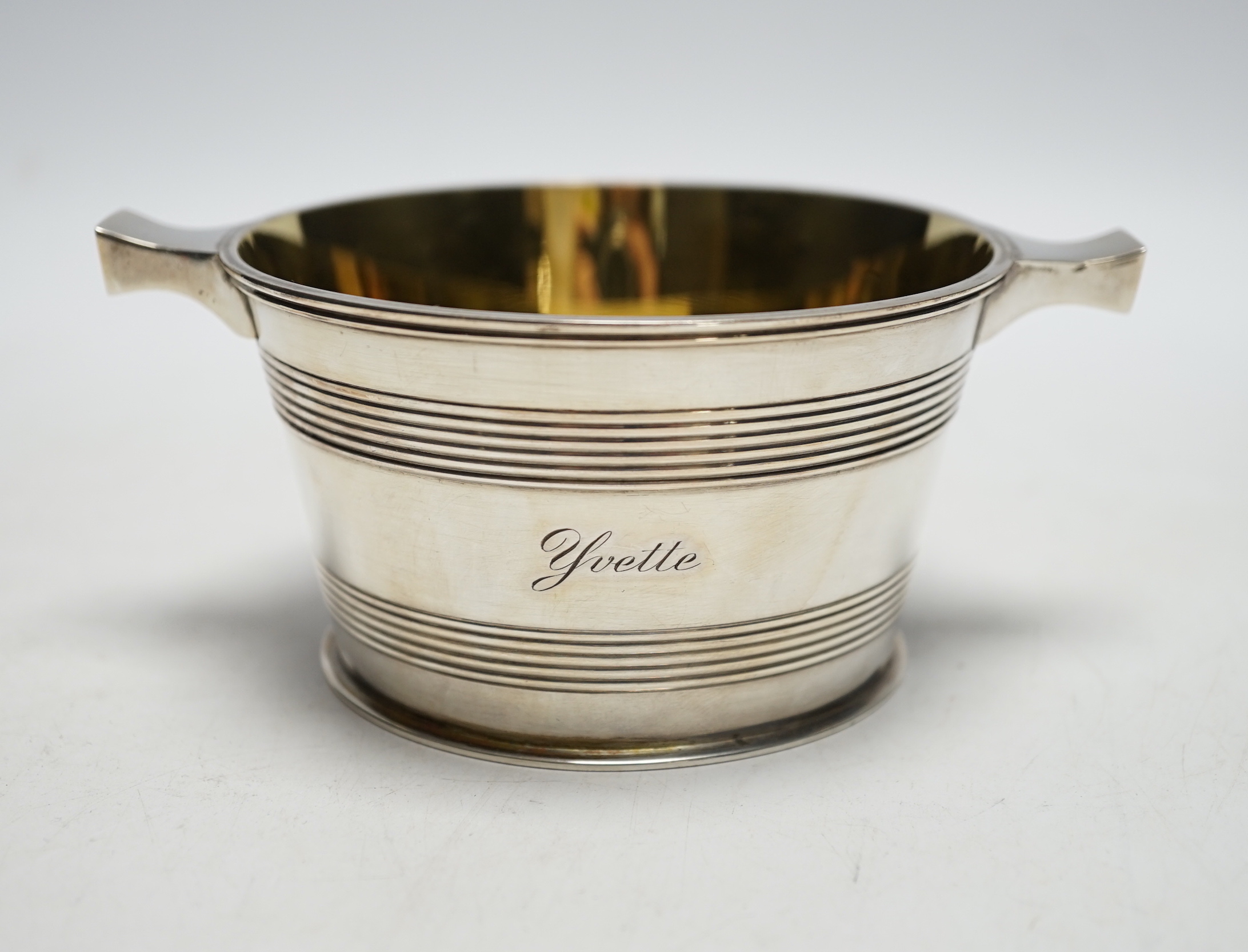A late Victorian Scottish silver sugar bowl , modelled as a tub with lug handles, Hamilton & Inches, Edinburgh, 1898, 13.7cm, 7.4oz.